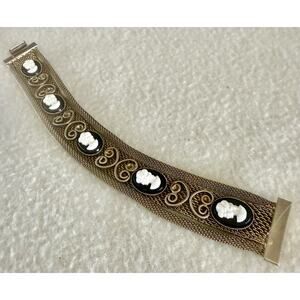 Vintage Unsigned Goldette Black Cameo Mesh Bracelet Gold Tone Mesh With Scrolls